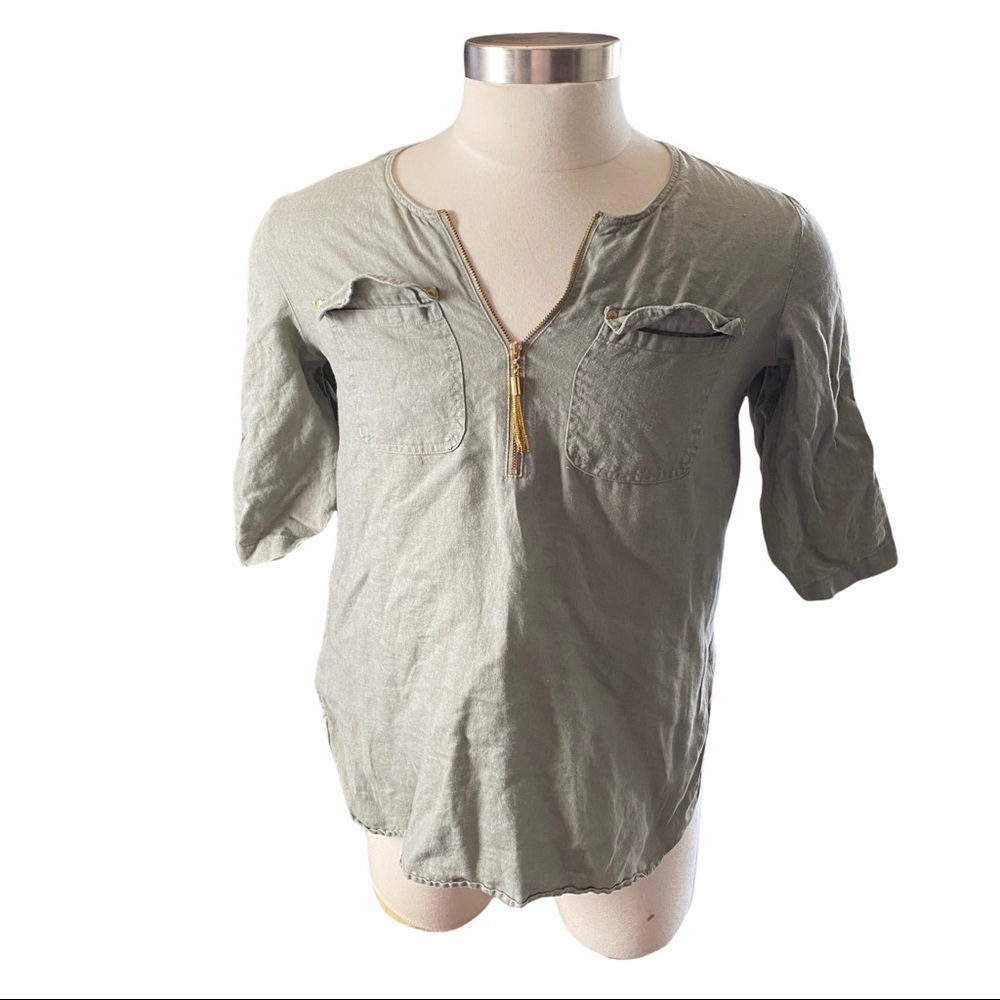 Ellen Tracy Green 100% Linen Soft Gold 1/4 Zip Pull 3/4 Sleeve Tunic Blouse Sm